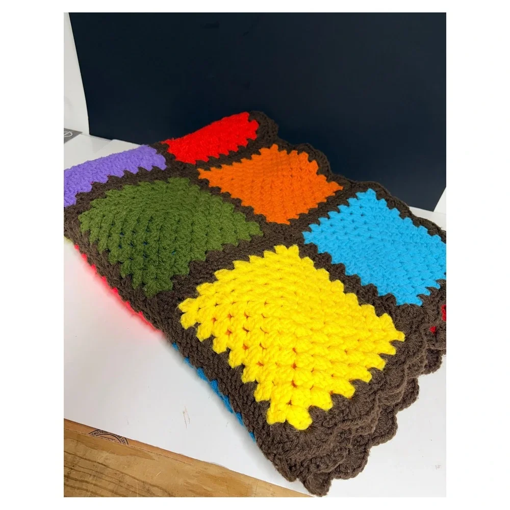 Handmade Crochet Granny Square Afghan Blanket Multicolor‎ Rainbow Retro Throw